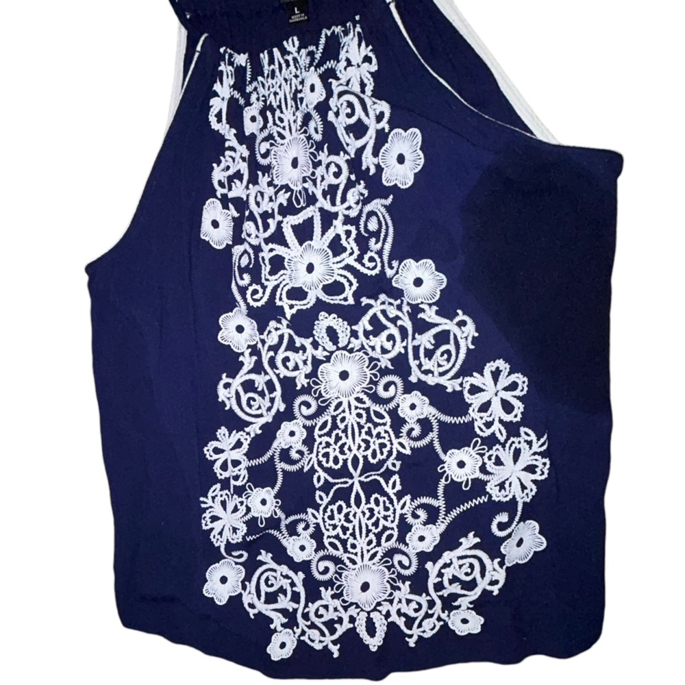 Navy Cami Tank Top with White Embroidery Sz Large by Tining - Picture 6 of 10